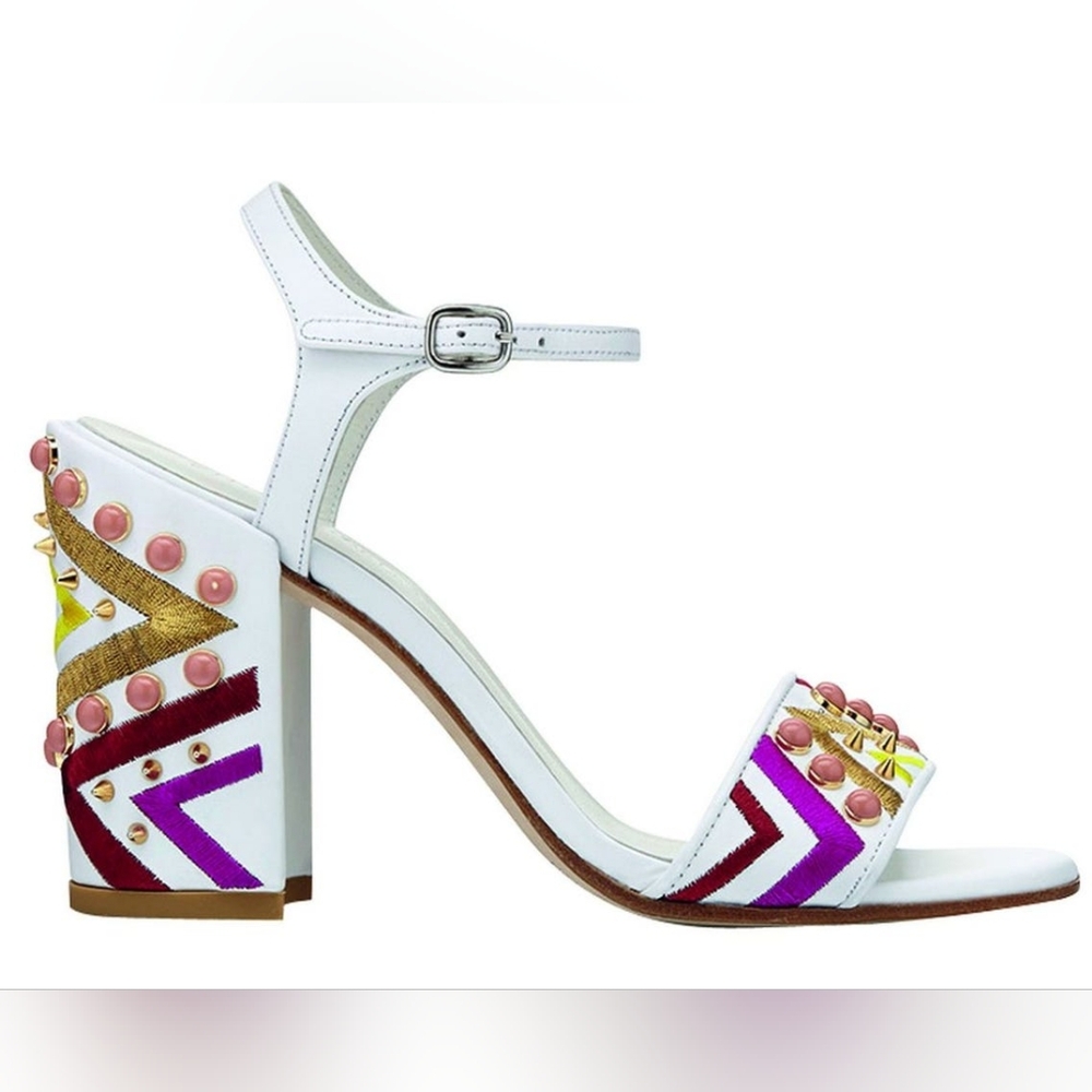 STUART WEIZTMAN Leather Multicolored Embroidered Block Heel Sandals 11.